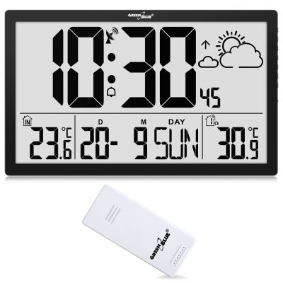 33. GRÜNBLAU LCD-WANDUHR EXTRA GROSS, TEMPERATUR, DATUM GB218