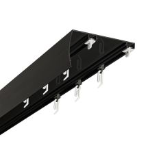 Doppelte schwarze Aluminium-Deckenschiene mit Blende, breiter Abstand zwischen den Laufbahnen 102 mm, Gleiter mit Haken, 400 cm, KOWALSKI