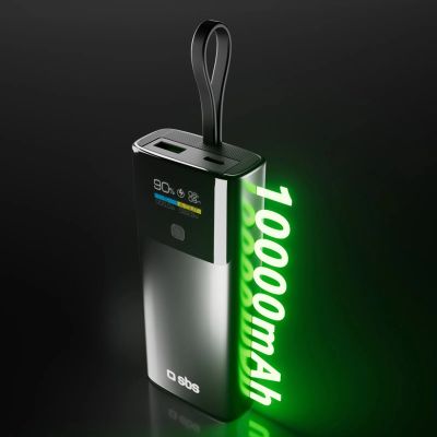 3. SBS 10000 mAh PD 20 W Powerbank mit LCD-Display und integriertem USB-C-Kabel - Grau