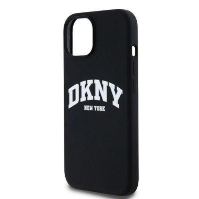 6. DKNY Liquid Silicone MagSafe Hülle mit weißem Logo-Aufdruck für iPhone 15 / 14 / 13 - Schwarz