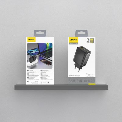 3. Dudao A29 65W GaN Wandladegerät 2 x USB-C + 1 x USB-A - Schwarz