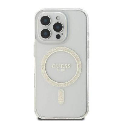 3. Guess GUHMP16LHFGERET iPhone 16 Pro 6,3" transparentes Hardcase IML Glitter Circle MagSafe