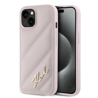 Karl Lagerfeld Diagonal Quilted Script Hülle für iPhone 15 Plus / 14 Plus – Rosa