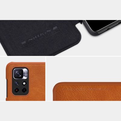 12. Nillkin Qin Case Schutzhülle für Xiaomi Redmi Note 11T 5G / Note 11S 5G / Note 11 5G (China) / Poco M4 Pro 5G, Kamera-Abdeckung, Holster-Abdeckung, Klapphülle, Braun