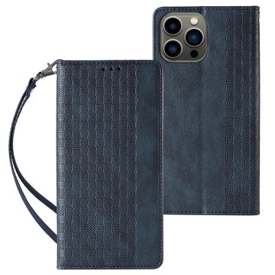 Magnetband-Hülle für iPhone 14 Pro Max Flip Wallet Mini Lanyard Stand Blau