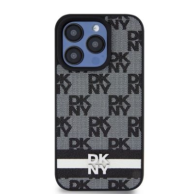 3. DKNY iPhone 15 Pro-Hülle aus Leder mit kariertem Monomuster und bedruckten Streifen – Schwarz
