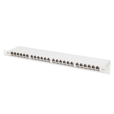 Hochdichtes Patchpanel 19 Zoll, 24x RJ45, LSA-Level, Cat. 6A, geschirmt, 0,5 HE, grau, Kabelführung