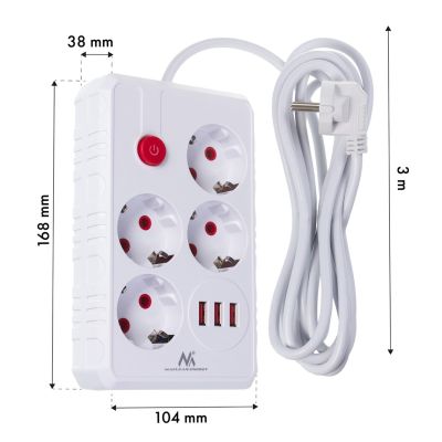 7. MACLEAN Steckdosenleiste, Verlängerungskabel mit 4 Steckdosen + 3 USB-Anschlüssen, 110–240 V Wechselstrom, 50/60 Hz, max. 2,1 A, 2500 W, 3 m, weiß, MCE393 W