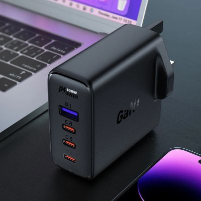 3. Schnellladegerät GaN UK 100W Power Delivery 3x USB C 1x USB - Schwarz