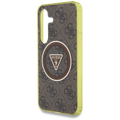 6. Guess 4G Glitzer-Dreieckknöpfe MagSafe Hülle für Samsung Galaxy S25 Braun