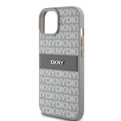 6. DKNY Lederhülle mit Monostreifen und Metalllogo für iPhone 15 / 14 / 13 – Beige