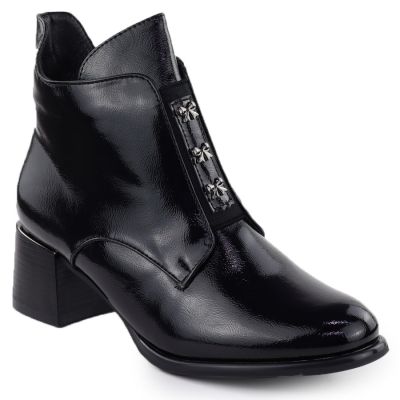 Lack-Stiefeletten für Damen mit Schleifen und Blockabsatz, schwarz M.Daszyński 2481