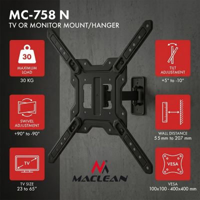 MACLEAN Wandhalterung für Fernseher oder Monitor, max. 23–65 Zoll, max. Traglast 30 kg, universell, max. VESA 400 x 400, MC-758 N