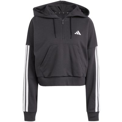 2. adidas Essentials Damen-Kapuzenpullover mit 3 Streifen aus French Terry, Viertelreißverschluss, Schwarz, JN1956