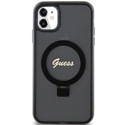3. Guess Ring Stand Script Glitter MagSafe-Hülle für iPhone 11 / Xr – Schwarz