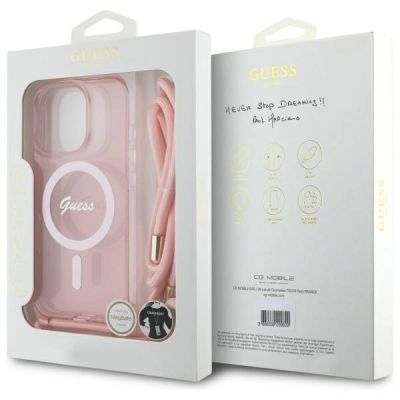 7. Guess Crossbody Cord Script MagSafe-Hülle für iPhone 16 Pro – Rosa