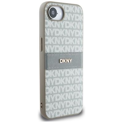 4. DKNY iPhone 16e Hülle mit wiederholtem Texturmuster und farblich abgestimmten Streifen – Beige