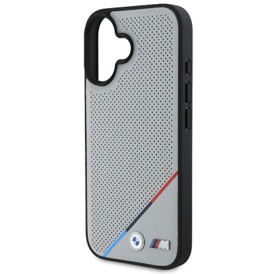 6. BMW M Perforierte Tricolor Line MagSafe Hülle für iPhone 16 - Grau