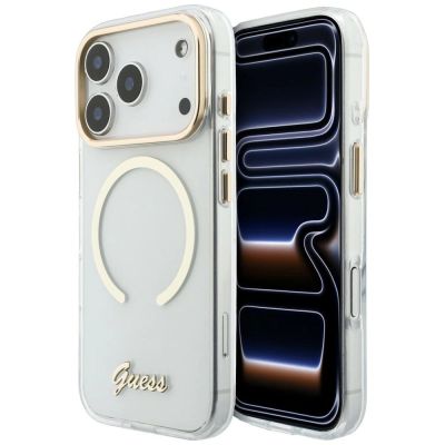 Guess IML Script Metal MagSafe Hülle für iPhone 18 Pro / 17 Pro – transparent