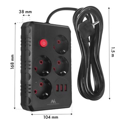 7. MACLEAN Steckdosenleiste, Verlängerungskabel mit 4 Steckdosen + 3 USB-Anschlüssen, 110–240 V Wechselstrom, 50/60 Hz, max. 2,1 A, 2500 W, 1,5 m, Schwarz, MCE392 B