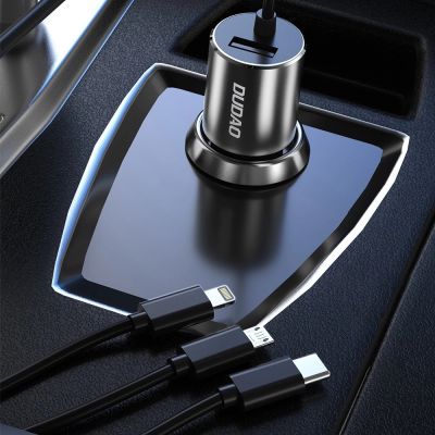 4. Dudao 3in1 USB Autoladegerät 3,4 A eingebautes Kabel Lightning / USB Typ C / Micro USB schwarz (R5ProN schwarz)