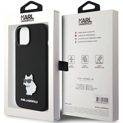 8. Karl Lagerfeld Choupette Metal Pin-Hülle aus Silikon für iPhone 15 Plus / 14 Plus – Schwarz