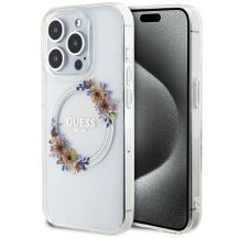 Guess IML Flowers Wreatch MagSafe Hülle für iPhone 15 Pro – transparent