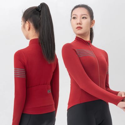 4. Rockbros YPW065 TVI Damen-Radtrikot mit langen Ärmeln, Herbst/Winter, Größe M – Rot