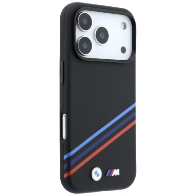 4. BMW M Quadrille Kevlar-Print, dreifarbige Linien & Metalllogo, MagSafe-Hülle für iPhone 18 Pro Max / 17 Pro Max – Schwarz