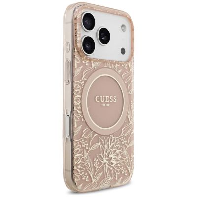 4. Guess IML Flowers Electro Pearl Strap MagSafe Case für iPhone 17 Pro - Rosa