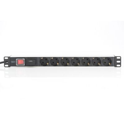 5. Digitus PDU 19" Rackmount-Steckdosenleiste, 7 Schuko-Steckdosen, 2,0 m Kabel, 1 Unischuko-Stecker, 16 A, Ein/Aus-Schalter, Überspannungsschutz, Aluminiumprofil