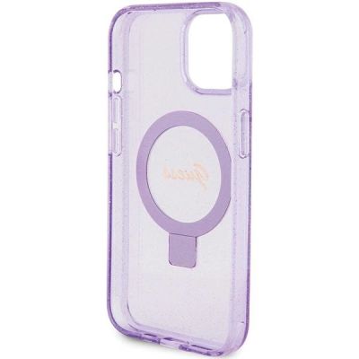 7. Guess Ring Stand Script Glitter MagSafe Hülle für iPhone 15 Plus / 14 Plus – Lila