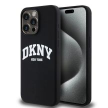 DKNY Liquid Silicone Weiß bedrucktes Logo MagSafe-Hülle für iPhone 15 Pro Max – Schwarz