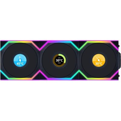 5. Lian Li UNI FAN SL Kabelloser LCD 120 Gehäuselüfter mit umgekehrtem Rotorblatt, 12 cm, Schwarz, 3 Stück.