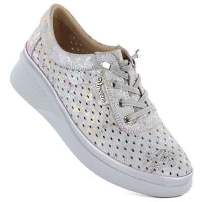 Graue Damen-Keilschuhe aus Leder mit durchbrochenem Muster, Vinceza 79603