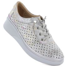 Graue Damen-Keilschuhe aus Leder mit durchbrochenem Muster, Vinceza 79603