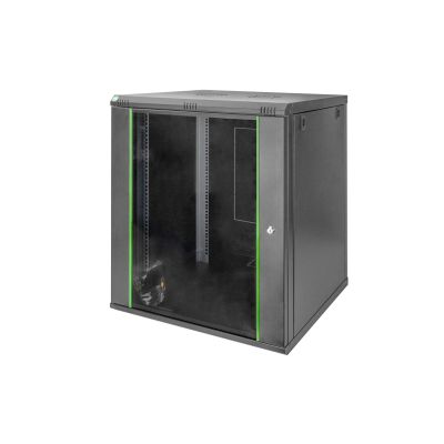 10. DYNAmic 19" 16U Wand-Netzwerkschrank 600x600 mm, Glastür, schwarz, ungeteilt, montiert, 60 kg