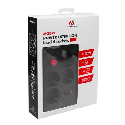 5. MACLEAN Steckdosenleiste, Verlängerungskabel mit 4 Steckdosen + 3 USB-Anschlüssen, 110–240 V Wechselstrom, 50/60 Hz, max. 2,1 A, 2500 W, 1,5 m, Schwarz, MCE392 B