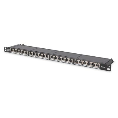 9. Hochdichtes Patchpanel 19 Zoll, 24x RJ45, LSA-Level, Cat. 6, geschirmt, 0,5 HE, schwarz, Kabelführung