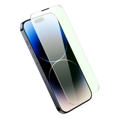 4. Baseus Vollbild-Hartglas für iPhone 14 Pro Max mit Anti-Blaulichtfilter und 0,3-mm-Lautsprecherabdeckung + Montagerahmen