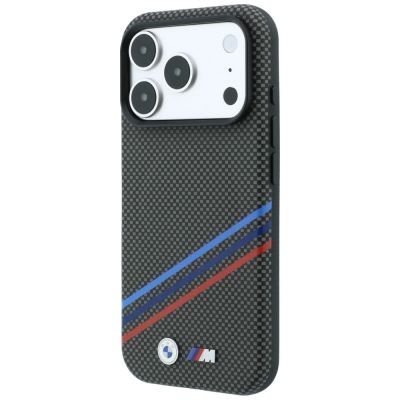 2. BMW M Quadrille Kevlar-Print, dreifarbige Linien & Metalllogo, MagSafe-Hülle für iPhone 18 Pro / 17 Pro – Dunkelgrau