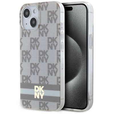DKNY IML Checkered Mono Pattern & Printed Stripes MagSafe-Hülle für iPhone 15 / 14 / 13 – Beige