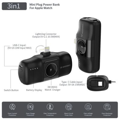 12. Wozinsky WF16-YLS 5000 mAh 15 W Lightning Mini-Powerbank mit integriertem USB-C-Kabel und Apple Watch Ladegerät – Schwarz
