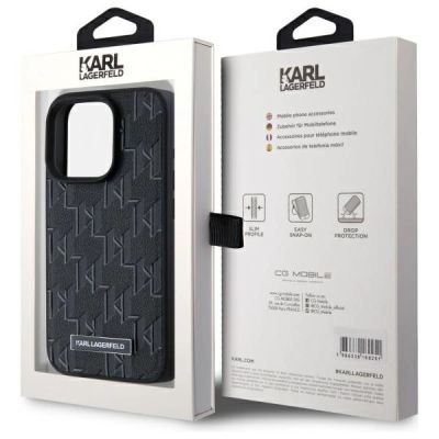8. Karl Lagerfeld Leder-Monogramm-Metalllogo-MagSafe-Hülle für iPhone 15 Pro – Schwarz