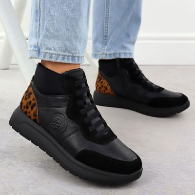 6. Schwarze Damen-Ankle-Boots aus Leder mit Plateau, Rieker Remonte D2V70-03