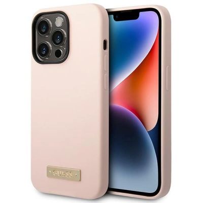 Guess Silikon-Logo-Platte MagSafe Hülle für iPhone 14 Pro – Pink