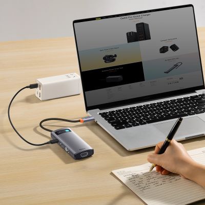 7. Baseus Metal Gleam Series HUB 7-in-1 Dockingstation USB Typ C - 1 x HDMI / 1 x VGA / 3 x USB 3.2 Gen. 1 / 1 x Power Delivery / 1 x RJ-45 Ethernet grau (WKWG040013)