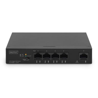 2. Digitus Gigabit Ethernet PoE-Switch, 4 PoE-Ports + 1 Uplink-Port, verfügbare PoE-Leistung: 60 W