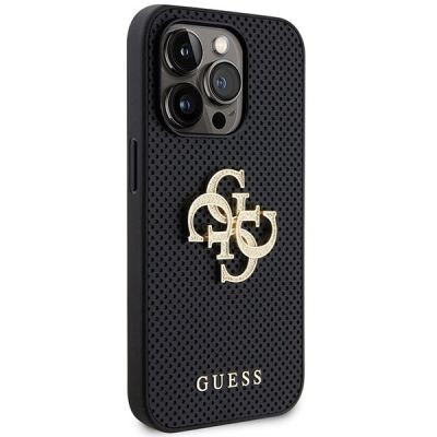 4. Guess Lederhülle mit perforiertem 4G-Glitzer-Logo für iPhone 15 Pro – Schwarz