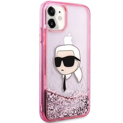 5. Karl Lagerfeld Glitzer-Hülle mit Karl-Kopf-Motiv für iPhone 11/XR – Pink